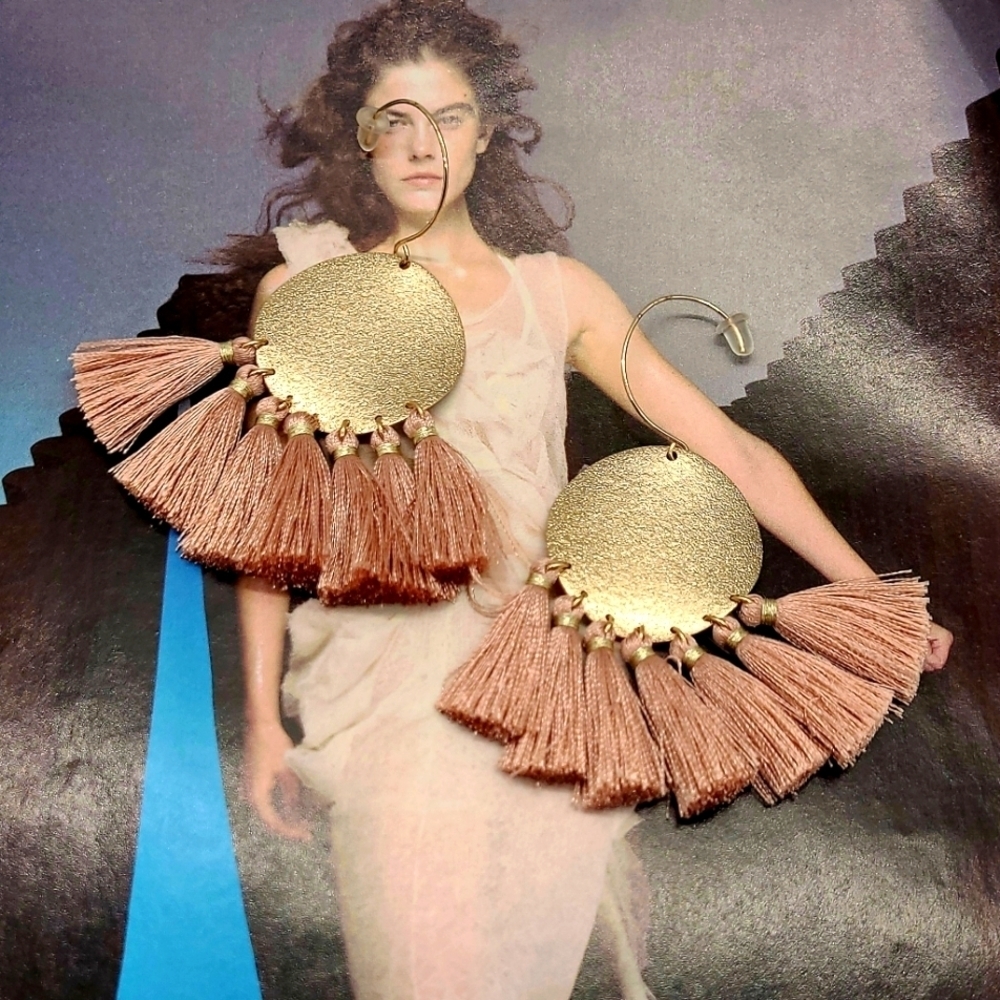 NWT Boho Gold Medallion Blush Silk Tassel Earrings